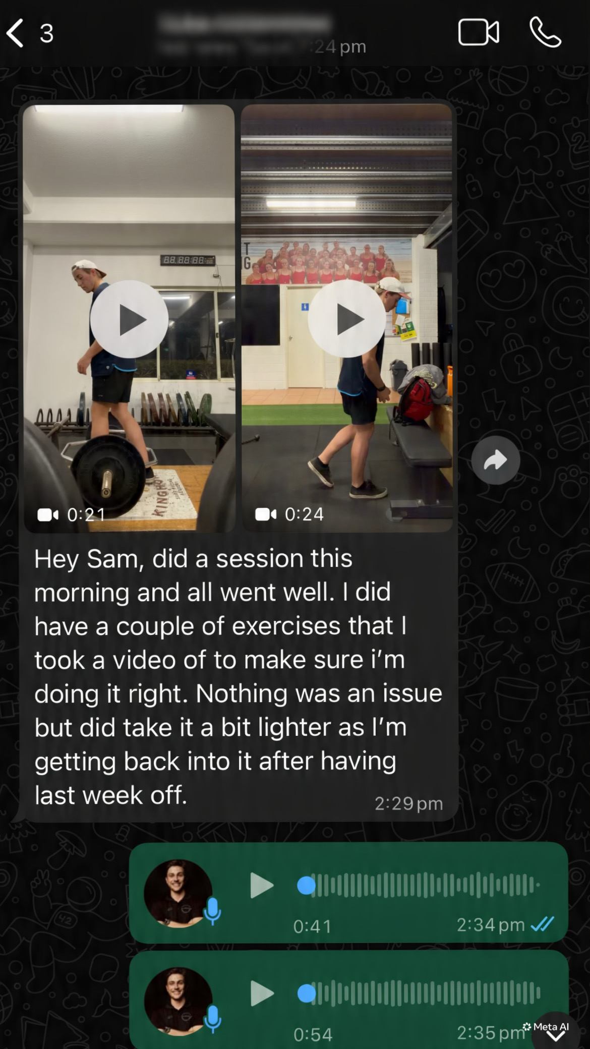 Real client check-in conversation with Sam